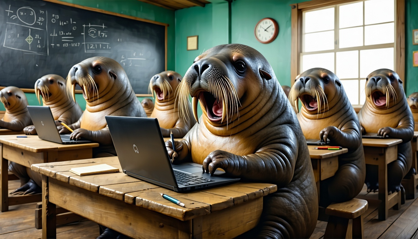 A group of walruses is sitting in a classroom